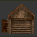 Wooden Cabin Log Structure With Sloped Wooden Roof And Open Door And Small Window