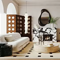 Modern Living Room Interior With White Sofa Round Coffee Table And Black White Marble Fireplace