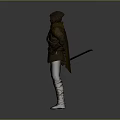 Hooded Warrior In Brown Cloak Holding Long Sword On Gray Background