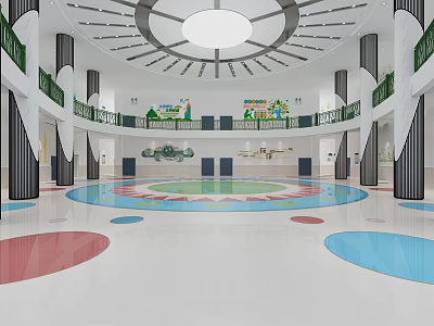 Modern School Hall Featuring Circular Ceiling Colorful Floor Double Story Corridors And Green Railings 3d model
