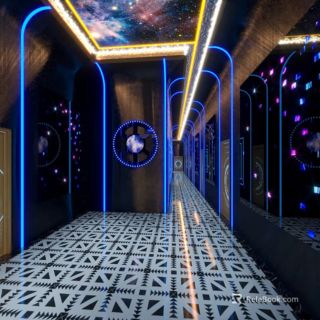 KTV Corridor With Black Walls Blue Neon Lights Mirror Decorations And Geometric Floor Tiles 3d model 