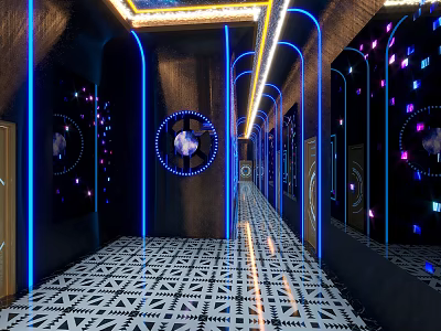 KTV Corridor With Black Walls Blue Neon Lights Mirror Decorations And Geometric Floor Tiles 3d model