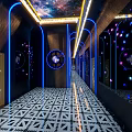 KTV Corridor With Black Walls Blue Neon Lights Mirror Decorations And Geometric Floor Tiles
