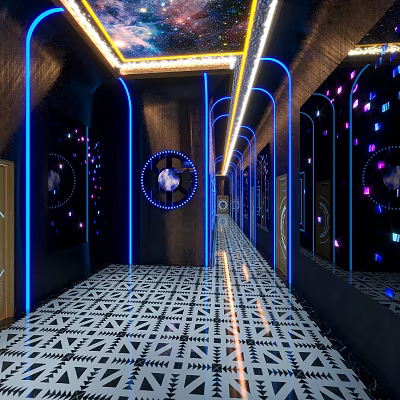 KTV Corridor With Black Walls Blue Neon Lights Mirror Decorations And Geometric Floor Tiles 3d model