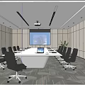 Modern Conference Room With Long Table Projector Screen And Ergonomic Chairs 3d model