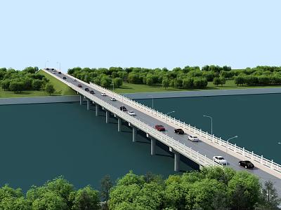 Scenic Road Bridge Over Calm Water With Vehicles Driving Surrounded by Green Trees and Grass 3d model