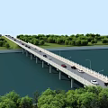 Scenic Road Bridge Over Calm Water With Vehicles Driving Surrounded by Green Trees and Grass