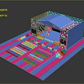 Colorful Stage Setup With Blue Canopy Pink Blue Striped Floor And Audience Seating