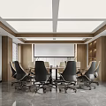 Modern Conference Room With Long Table Black Chairs Glass Partitions Wooden Elements And Smooth Floor