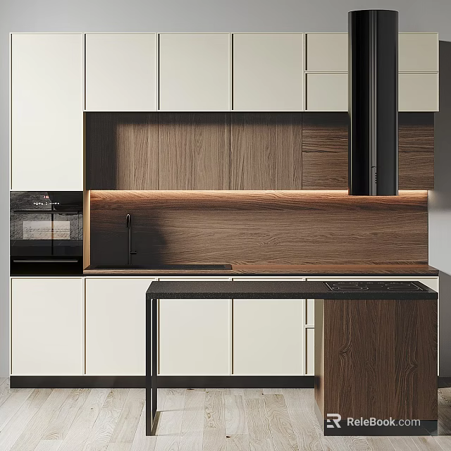 Modern Kitchen Design With White And Wooden Cabinets And Black Countertop 3d model 