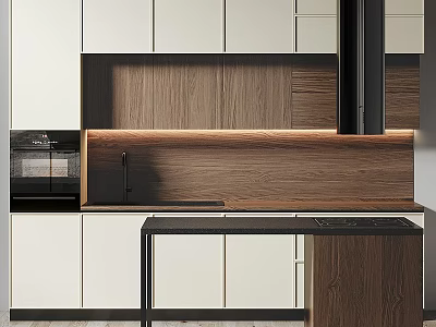 Modern Kitchen Design With White And Wooden Cabinets And Black Countertop 3d model