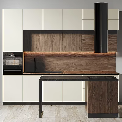 Modern Kitchen Design With White And Wooden Cabinets And Black Countertop 3d model