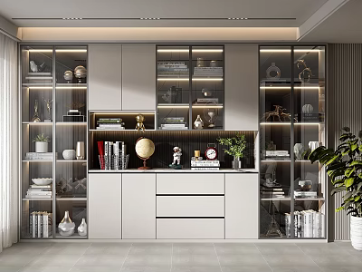 Modern Bookcase Interior with Glass Doors Books Decorative Ornaments Drawers and Green Plant 3d model