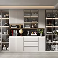Modern Bookcase Interior with Glass Doors Books Decorative Ornaments Drawers and Green Plant