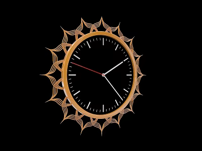 Golden Sunburst Design Wall Clock With Black Dial And White Red Hands 3d model