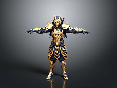 Man in Ornate Gold and Blue Armor with Mythical Beast Headpiece Arms Outstretched 3d model