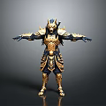 Man in Ornate Gold and Blue Armor with Mythical Beast Headpiece Arms Outstretched