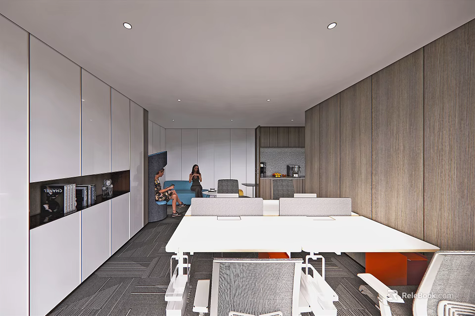Public Office Space With Modern Design Open Layout Office Desks And Wooden Walls 3d model 