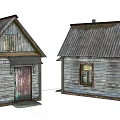 Vintage Wooden Houses With Metal Roofs Small Windows And Weathered Walls