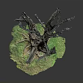 Dead Tree With Exposed Roots And Green Grass On Gray Background
