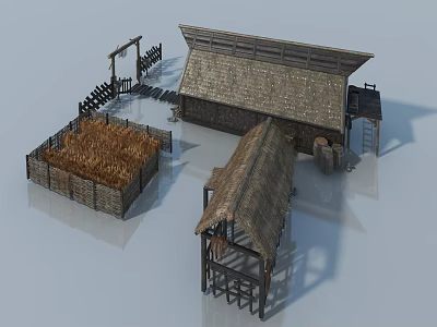 Rustic Thatched Roof Buildings With Traditional Chandelier And Fenced Hay Stacks 3d model