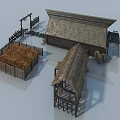 Rustic Thatched Roof Buildings With Traditional Chandelier And Fenced Hay Stacks