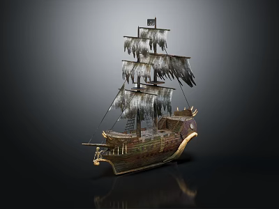 Vintage Sailing Ship With Frost Covered Sails And Wooden Hull On Dark Background With Reflection 3d model