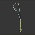 Green Patina Metallic Sculpture With Curved Structure Circular Ornament And Spherical Base