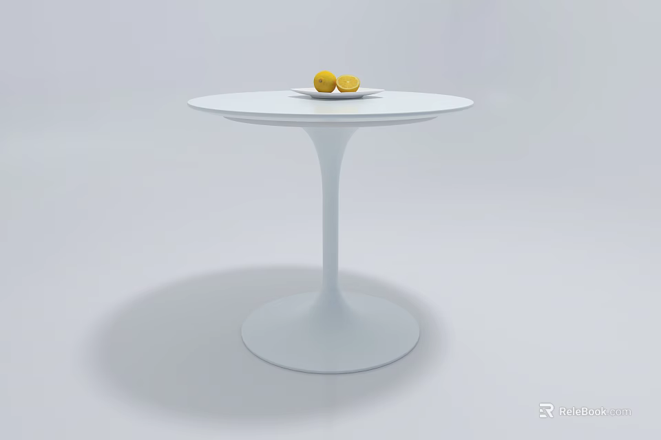 Modern White Round Coffee Table with White Plate and Yellow Lemons 3d model 