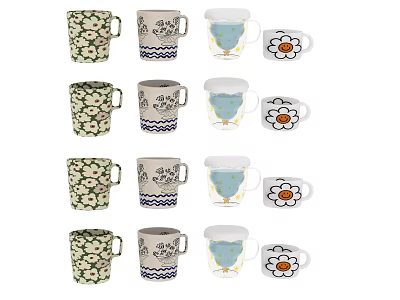 Set of Assorted Decorative Mugs With Floral Striped Blue Patterns 3d model