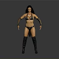 Woman In Black Bikini With Patterned Arm Cuffs And Long Boots Standing Pose