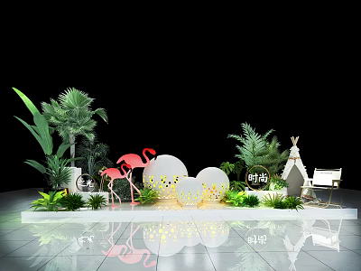 Stylish Decorative Scene With Flamingos Green Plants Round Decorations Teepee And Chair 3d model