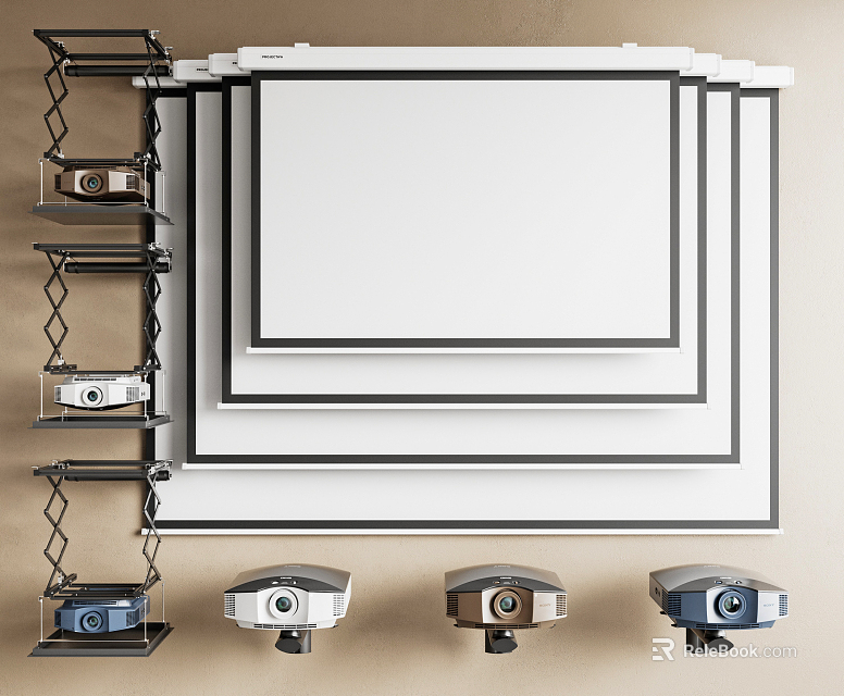 Multiple Projection Screens and Surveillance Cameras for Security Monitoring System Setup 3d model 