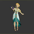 Mythical Elven Character With Golden Hair In Teal Outfit Holding Bow And Purple Arrow