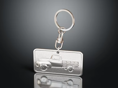 Metallic Keychain With Rectangular Plate Shiny Surface Detailed Truck Design And Key Ring 3d model