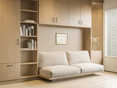 Modern Living Room With Light Gray Double Sofa Near Wooden Cabinets And Bookshelf By Window 3d model