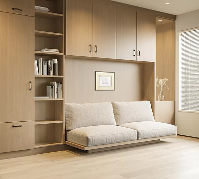 Modern Living Room With Light Gray Double Sofa Near Wooden Cabinets And Bookshelf By Window 3d model