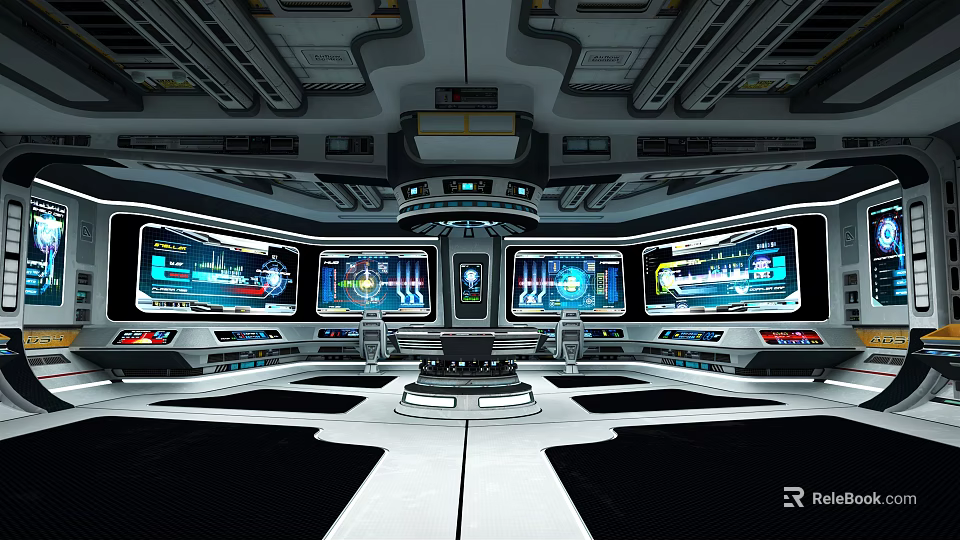 Futuristic Control Room Interior With Multiple Screens And High Tech Control Panels 3d model