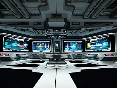 Futuristic Control Room Interior With Multiple Screens And High Tech Control Panels 3d model