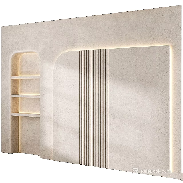 Modern Curved Wall Design With Vertical Slats Built in Lighting And Open Shelves 3d model 