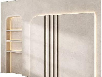 Modern Curved Wall Design With Vertical Slats Built in Lighting And Open Shelves 3d model