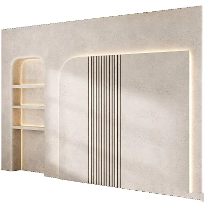 Modern Curved Wall Design With Vertical Slats Built in Lighting And Open Shelves 3d model