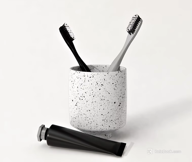 Stylish Bathroom Accessories Set With White Speckled Cup Black Gray Toothbrushes And Black Toothpaste Tube 3d model 