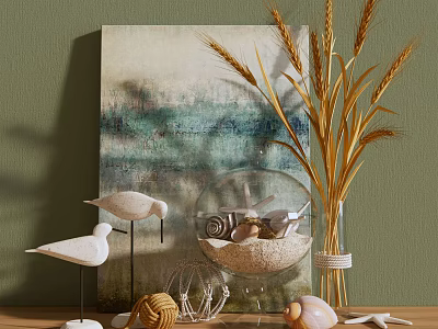 Ornamental Decor Set with White Bird Figurines Teal Painting Wheat Vase Shells on Green Wall 3d model