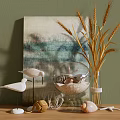 Ornamental Decor Set with White Bird Figurines Teal Painting Wheat Vase Shells on Green Wall