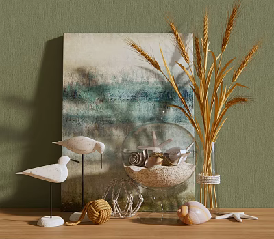 Ornamental Decor Set with White Bird Figurines Teal Painting Wheat Vase Shells on Green Wall 3d model