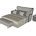 Modern Elegant Double Bed with Upholstered Headboard Pillows Bed Bench and Nightstand 3d model
