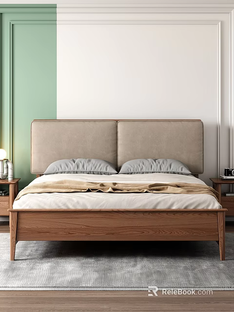 Modern Double Bed with Beige Upholstered Headboard Gray Pillows Beige Blanket and Wooden Frame 3d model 