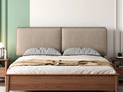 Modern Double Bed with Beige Upholstered Headboard Gray Pillows Beige Blanket and Wooden Frame 3d model
