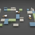 Modern Modular Sofa and Coffee Table Set with Colorful Sections and Minimalist Design 3d model